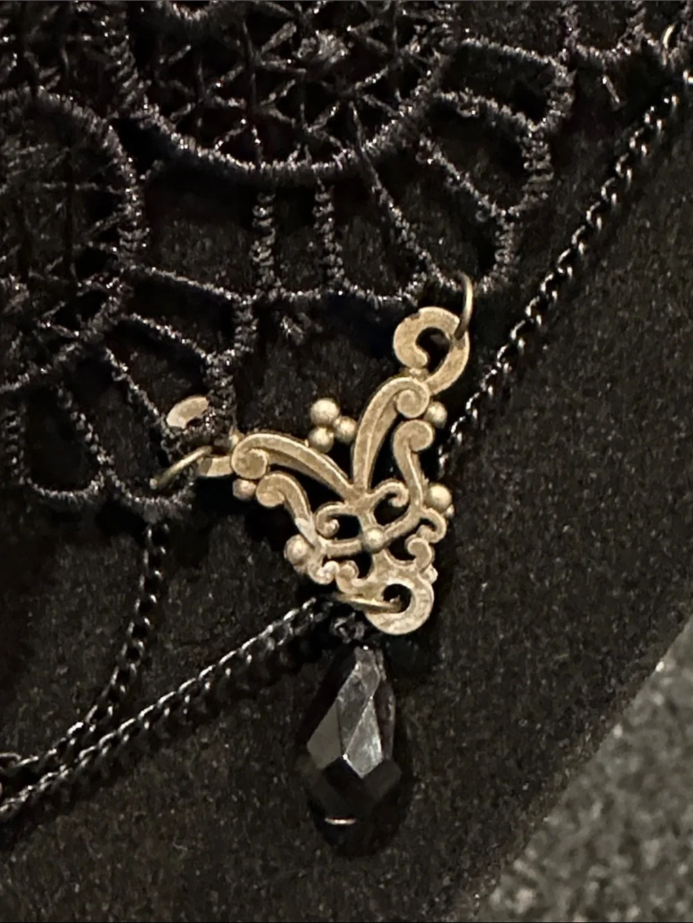 Victorian-Inspired Black Lace Choker Necklace with Gold Accents Chocker